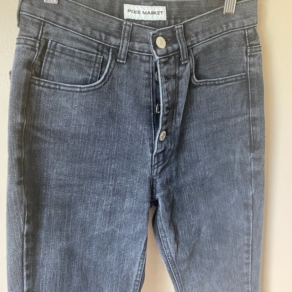 Pixie Market High Rise Black Denim Raw Hem Straight Leg Jeans - Picture 6 of 7